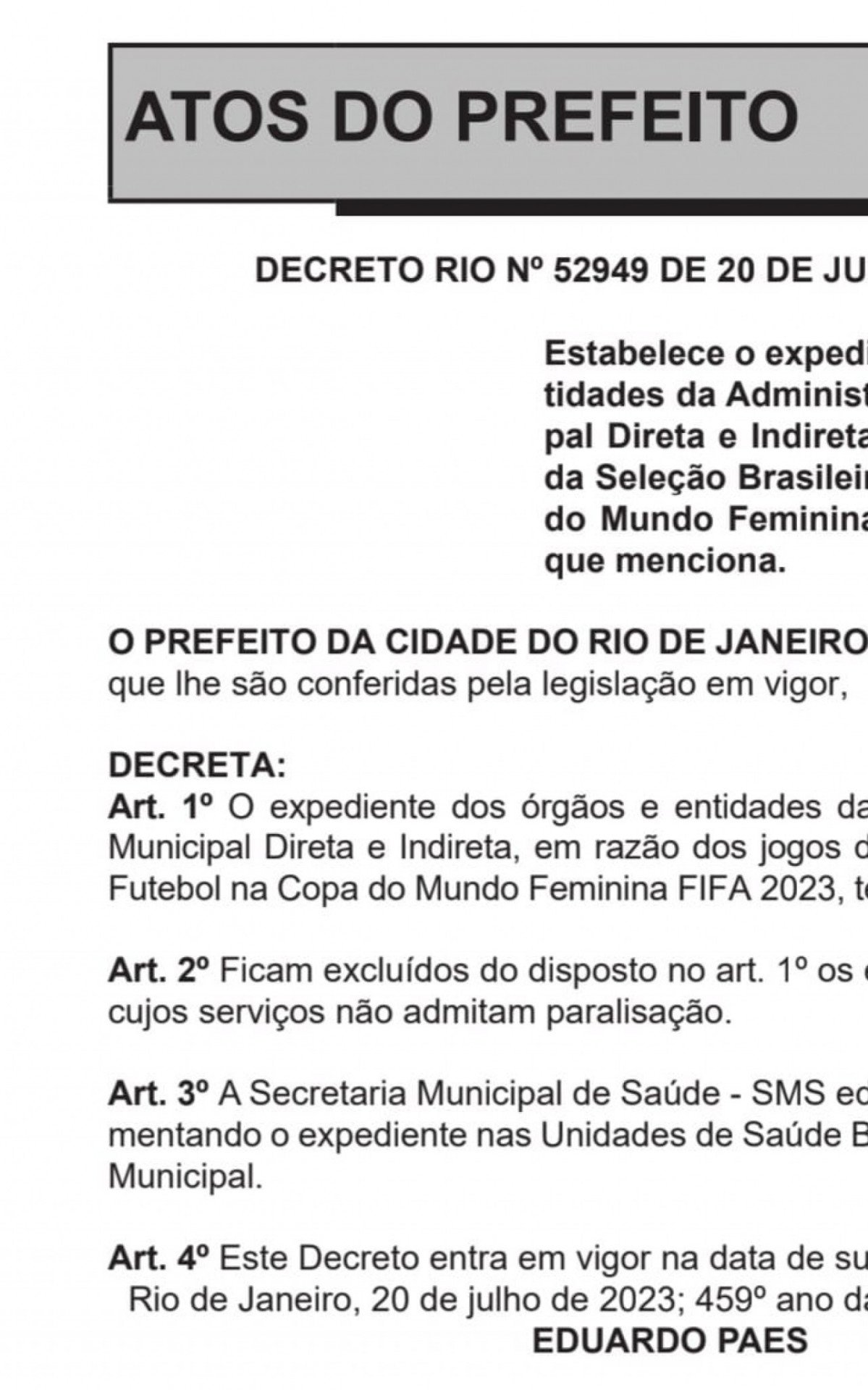 Decreto 045/2023 estabelece horário de expediente nos órgãos municipais nos  dias de jogos da Seleção Brasileira de Futebol Feminino na Copa do Mundo  2023 – Prefeitura de Gravatá