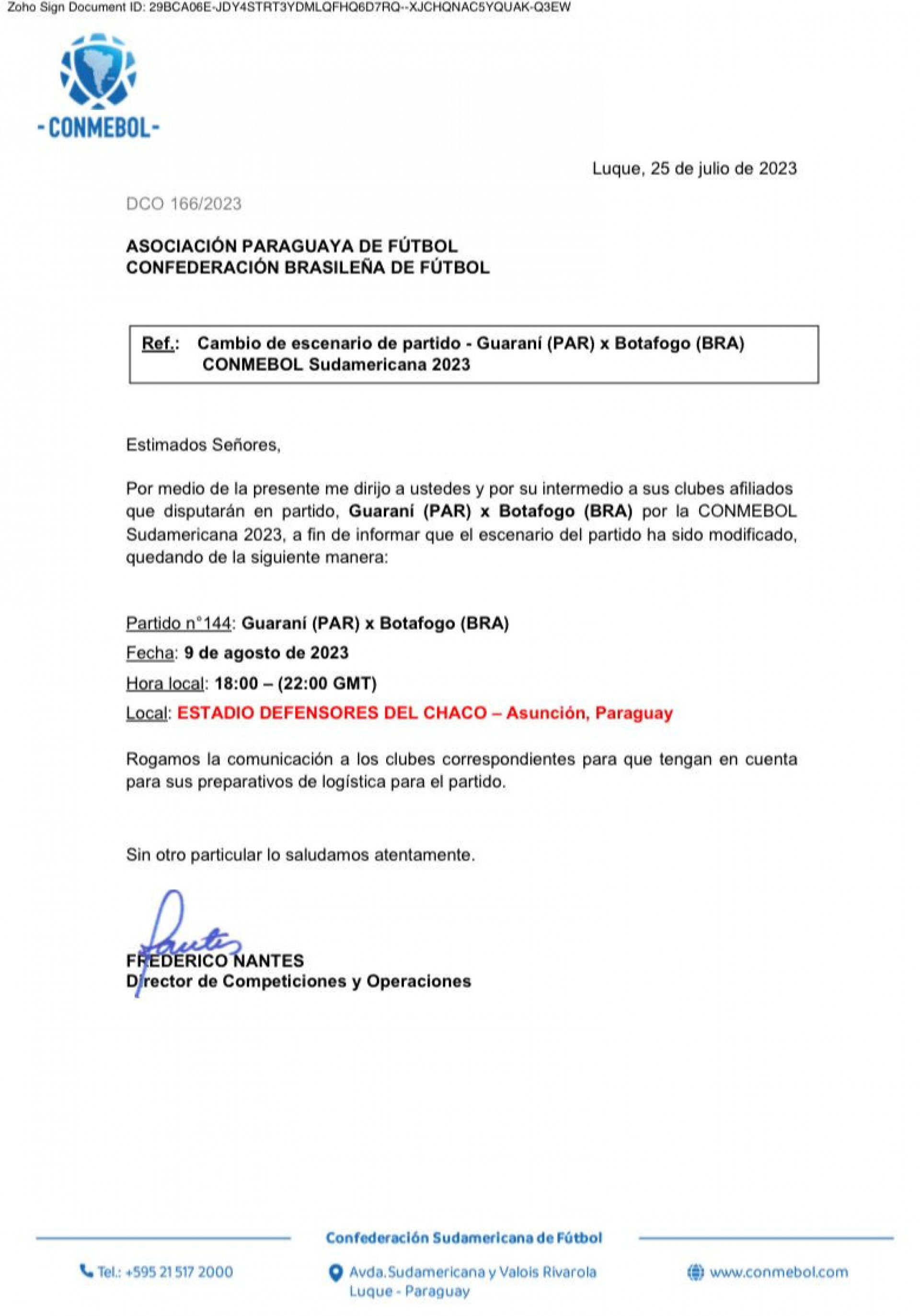 Documento da Conmebol com a confirmação da mudança do local do jogo da volta entre Guarani, do Paraguai, e Botafogo - Foto: Reprodução