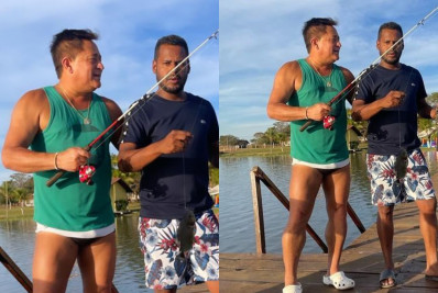 Leonardo surge de sunga em foto pescando e pernas grossas roubam a cena: 'Que saúde'