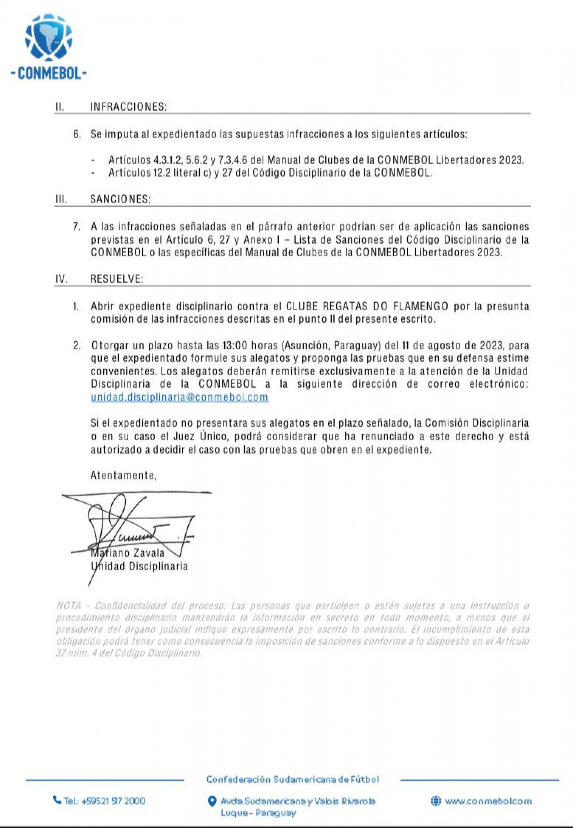 Processo disciplinar contra o Flamengo - Foto: Reprodução/Conmebol