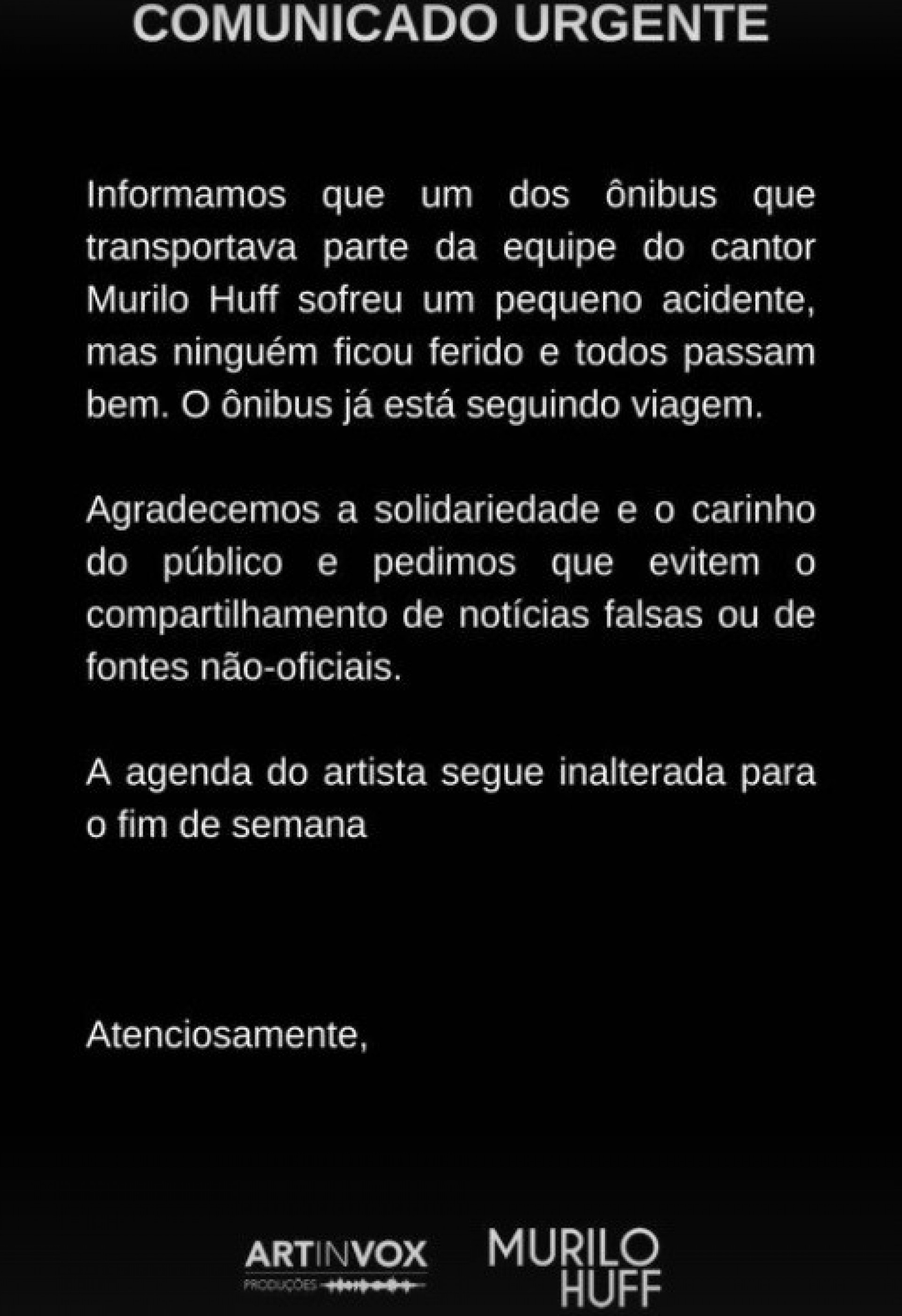 Ônibus que transportava a equipe do cantor Murilo Huff se envolve em acidente com carro de passeio no Tocantins - Reprodução Internet