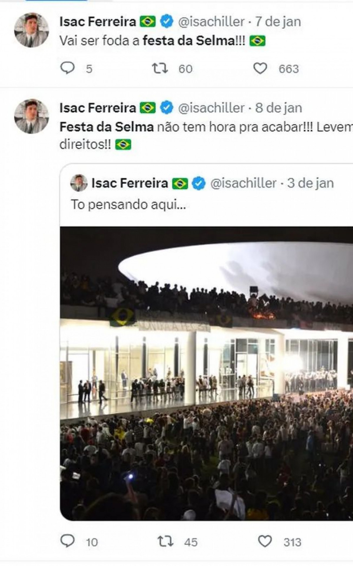 Isac cita 'Festa da Selma' em posts sobre os atos golpistas de 8 de janeiro  - Reprodução: redes sociais