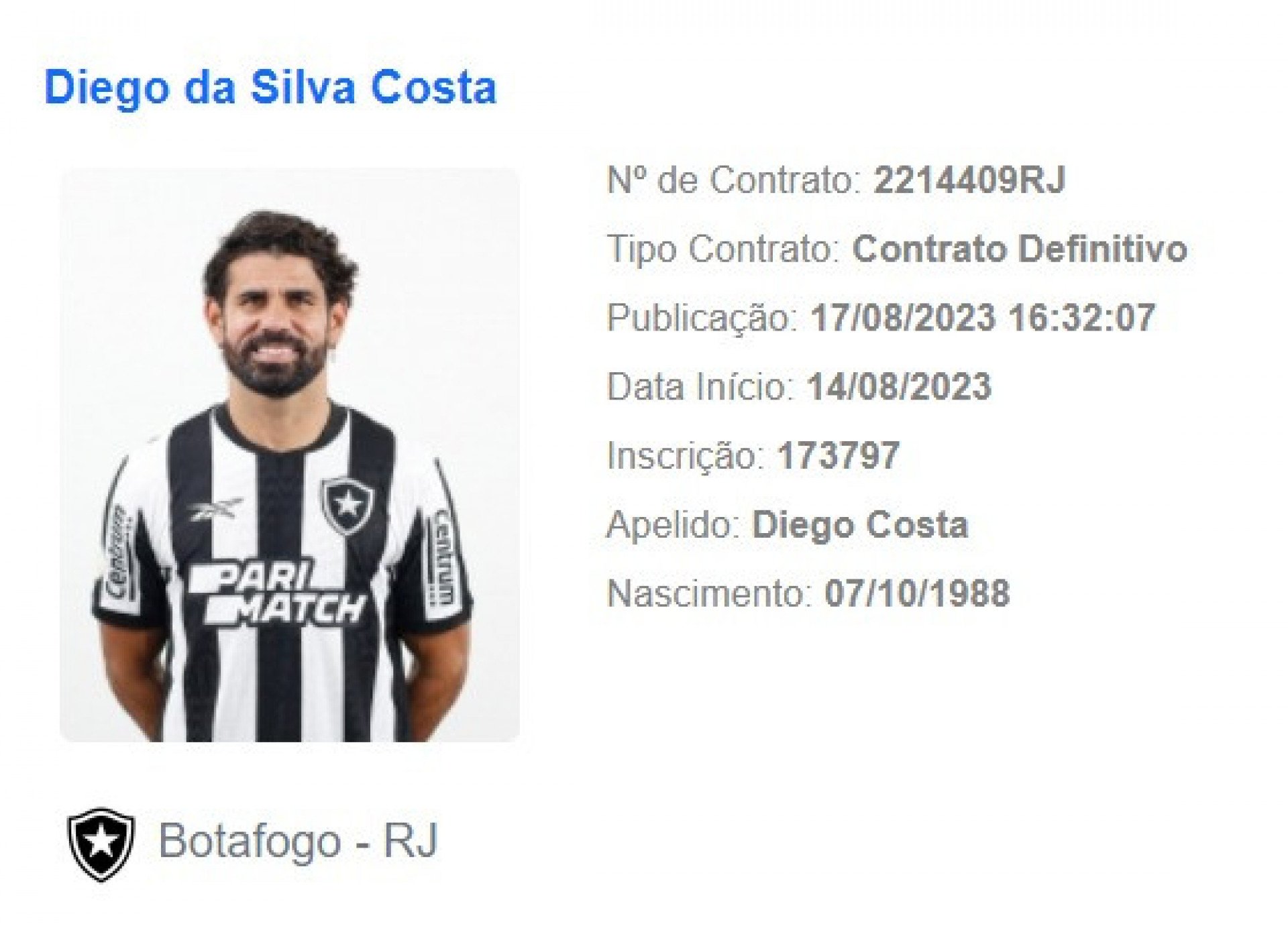 Diego Costa foi regularizado no BID da CBF - Divulgação/CBF