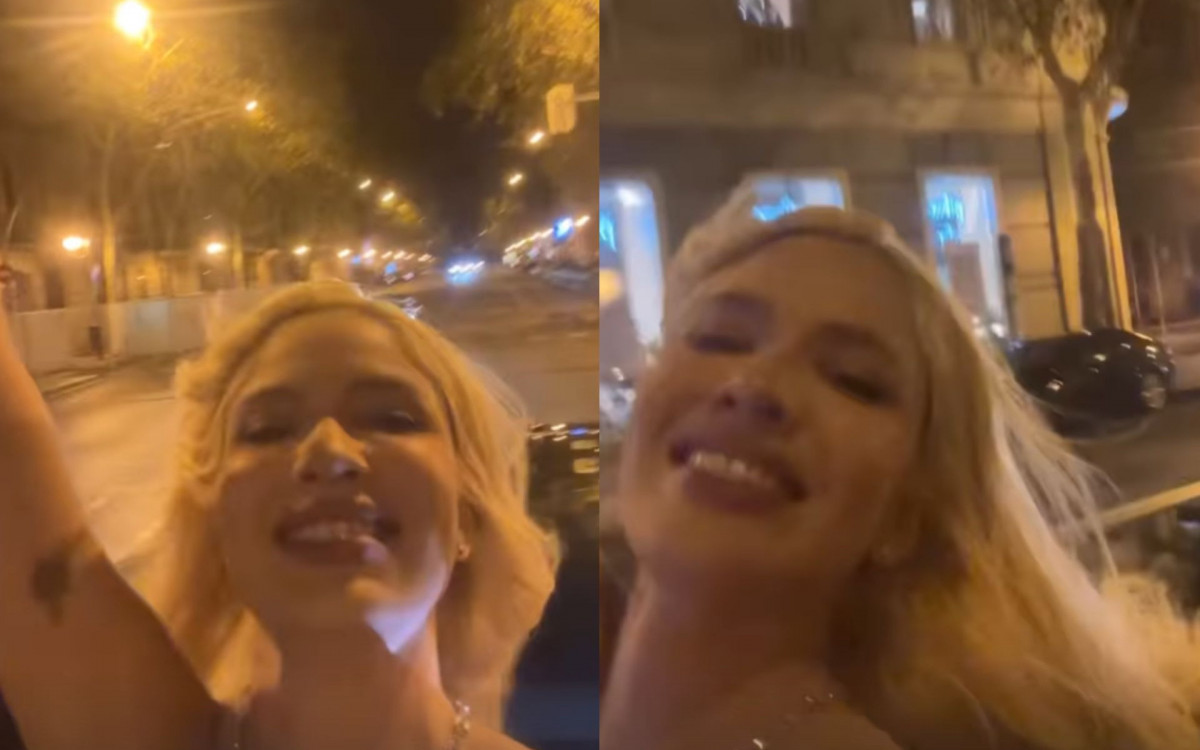 Karoline Lima se diverte em teto solar de carro em Madri, na Espanha