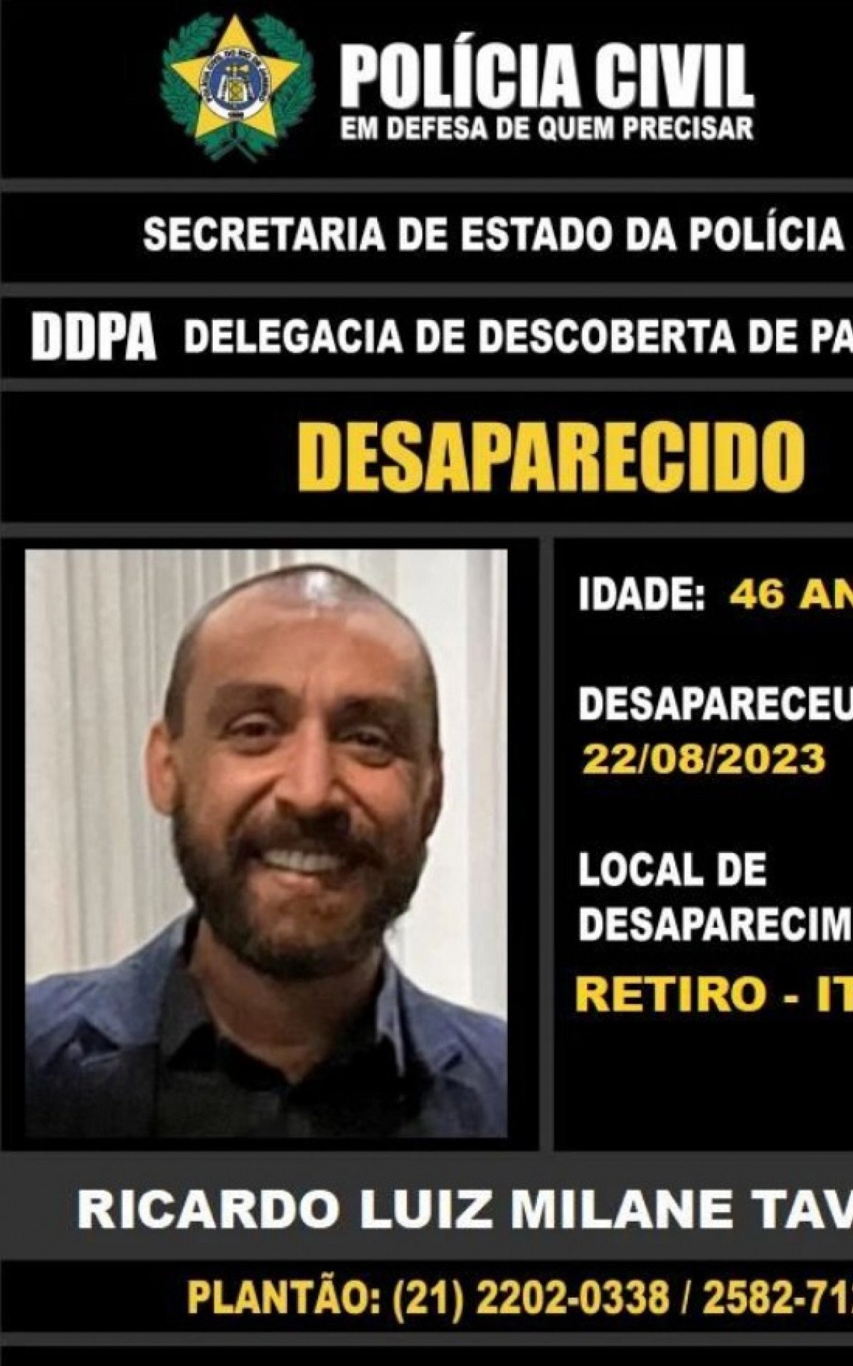 Maquiador Rico Tavares está desaparecido desde a última terça-feira (22) - Reprodução