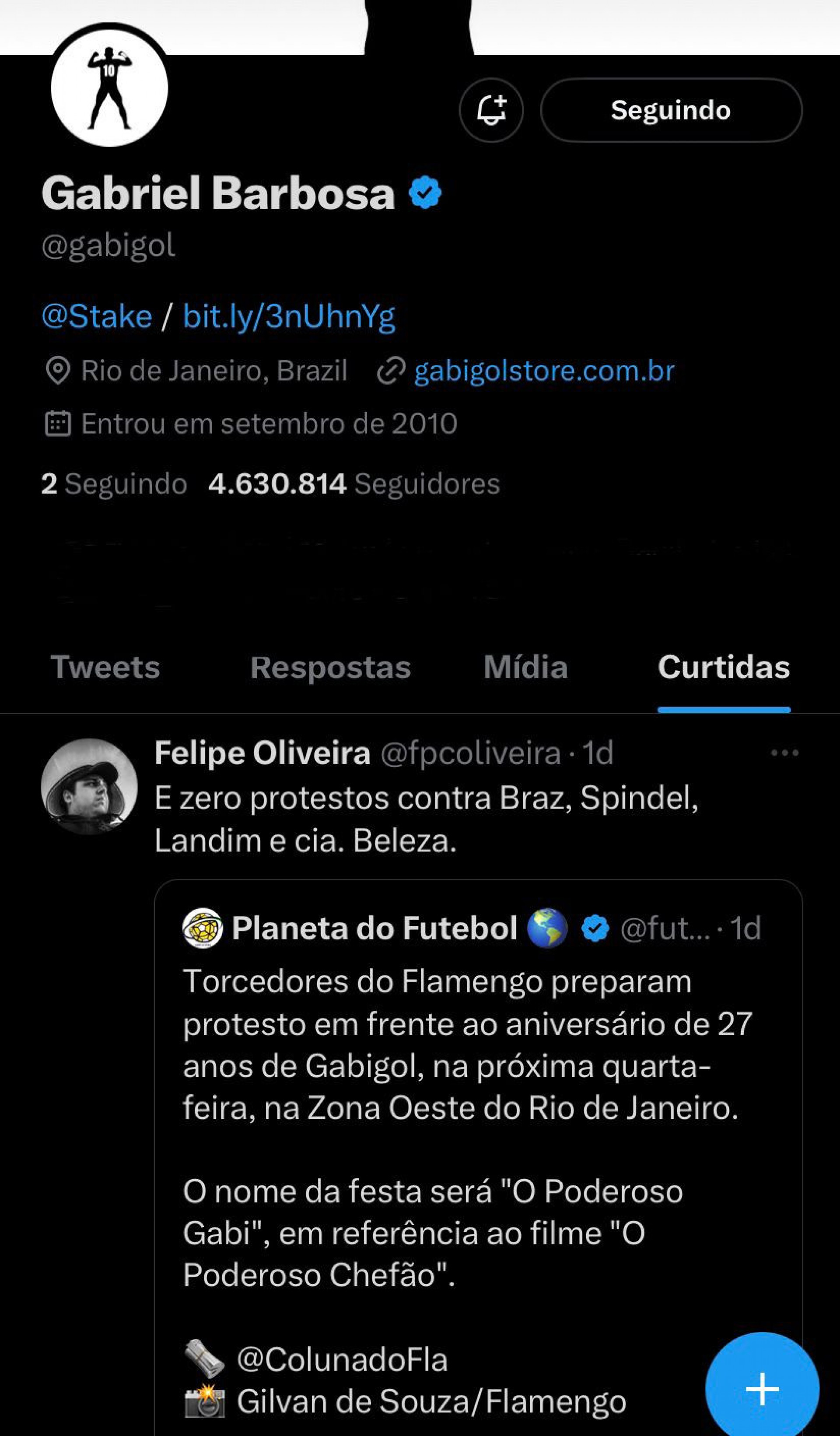 Curtida de Gabigol, do Flamengo, no Twitter
