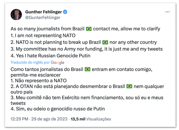 Homem que pediu divisão do Brasil não é membro da Otan