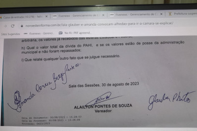 Vereadores protocolam convocação de Alfredão à Câmara para esclarecer suspeitas