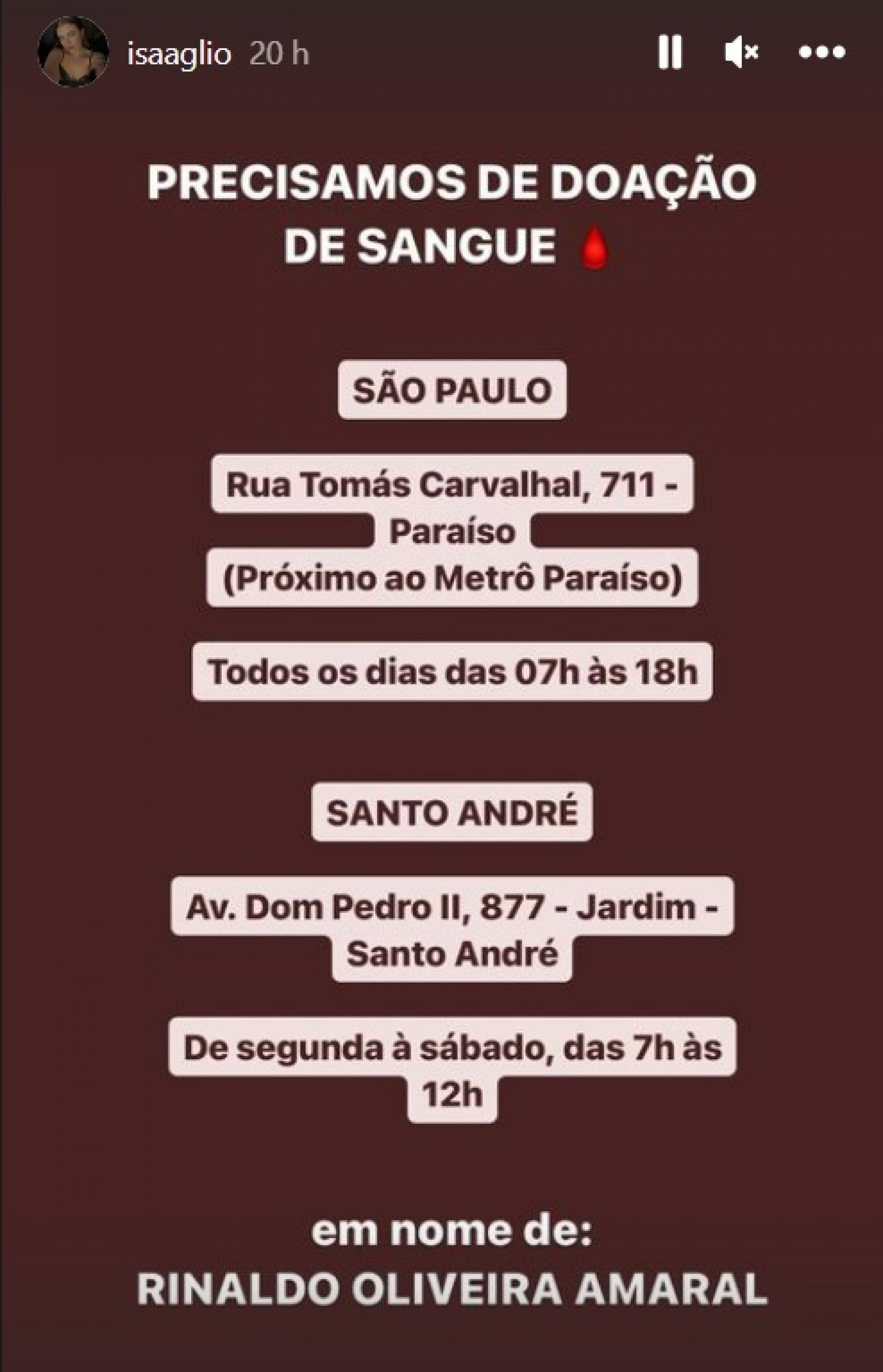 Isabella Aglio, filha de Mingau, pede doações de sangue para o pai - Reprodução do Instagram