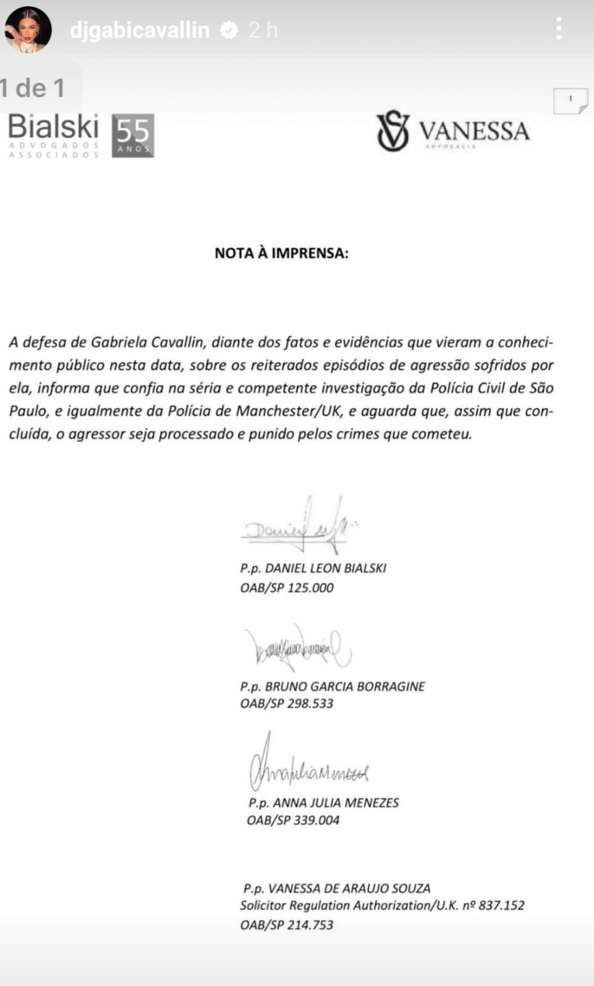 Gabi Cavallin emite nota e diz confiar na séria e competente investigação da justiça brasileira - Reprodução / Instagram