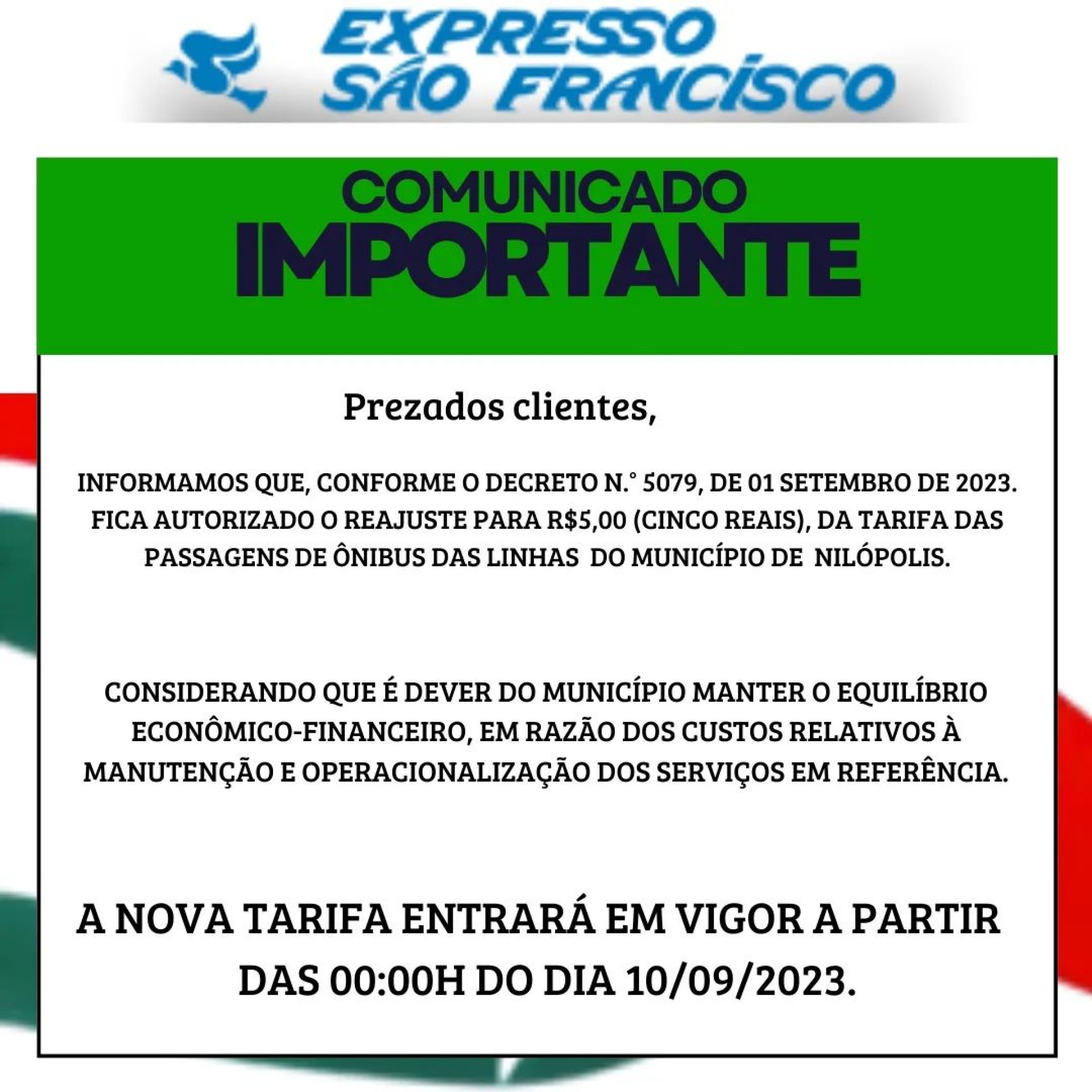 O comunicado da Expresso São Francisco sobre o aumento das passagens municipais em Nilópolis - Divulgação