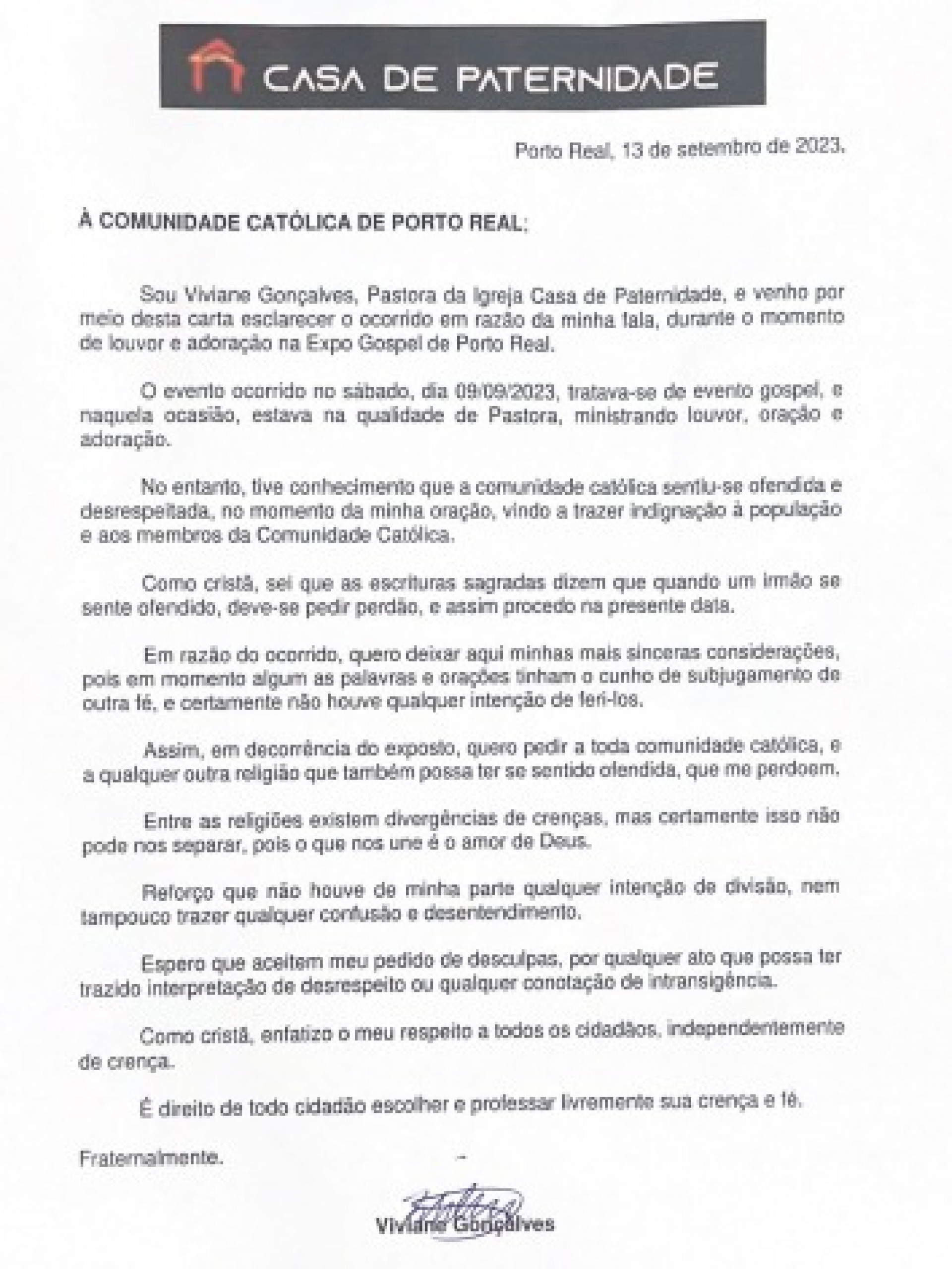 Carta entregue pela pastora Viviane Gonçalves ao padre da Paróquia