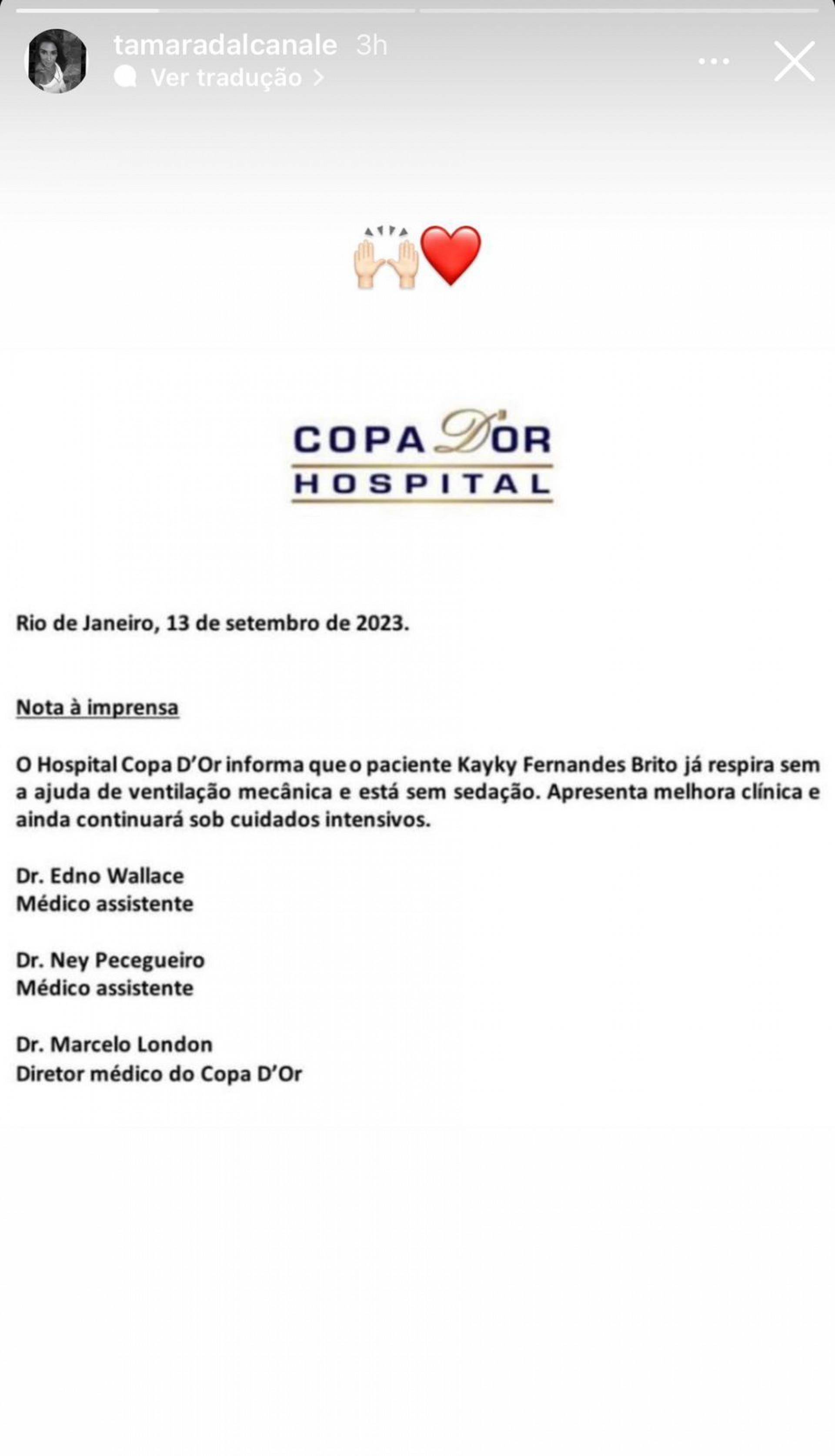 Mulher de Kayky Brito, Tamara Dalcanale, comemora evolução do ator - Reprodução