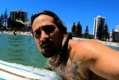 Australiano é multado por surfar com cobra de estimação