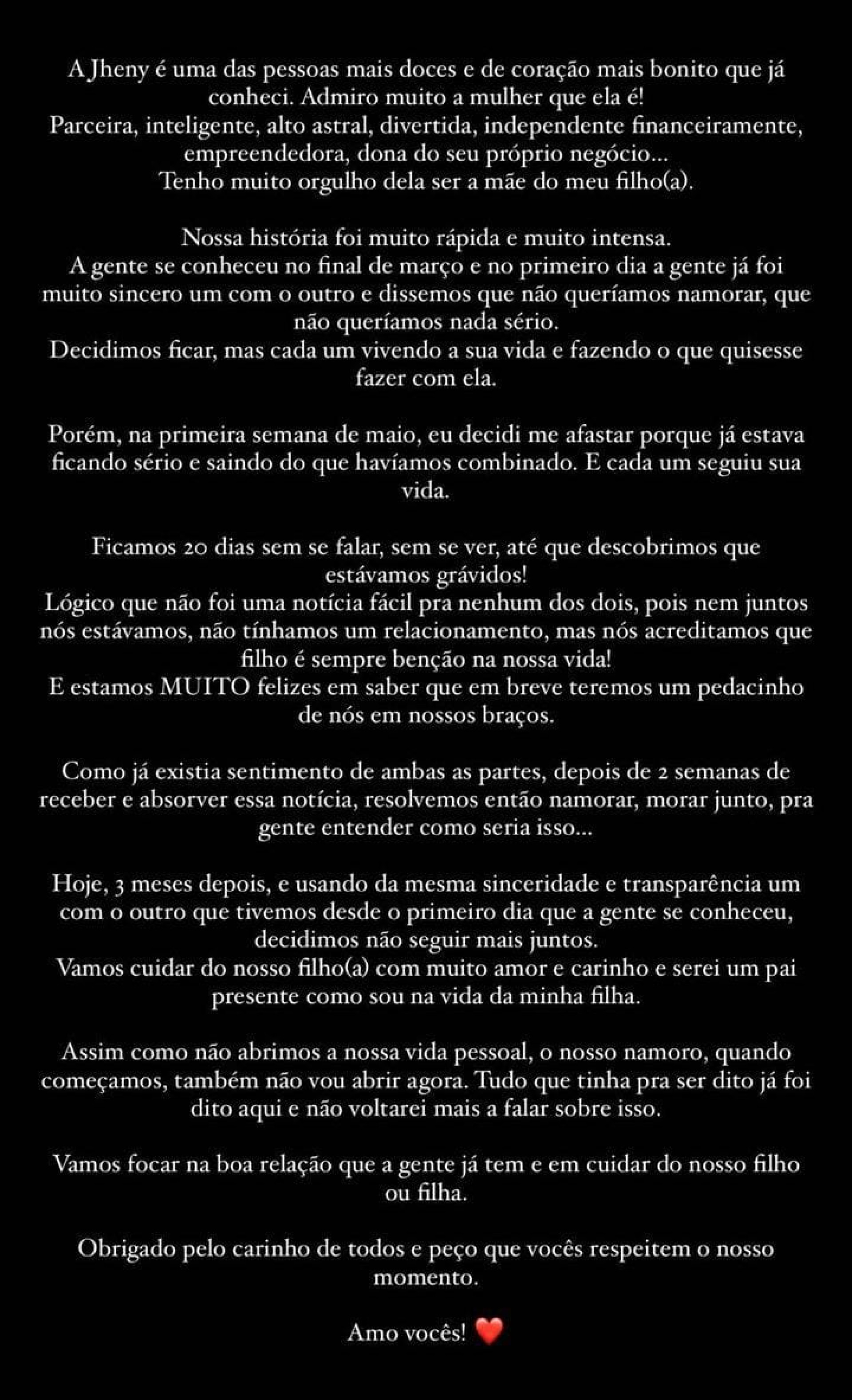 Arthur Aguiar anuncia t&eacute;rmino de relacionamento com Jheny Santucci - Reprodu&ccedil;&atilde;o/Instagram