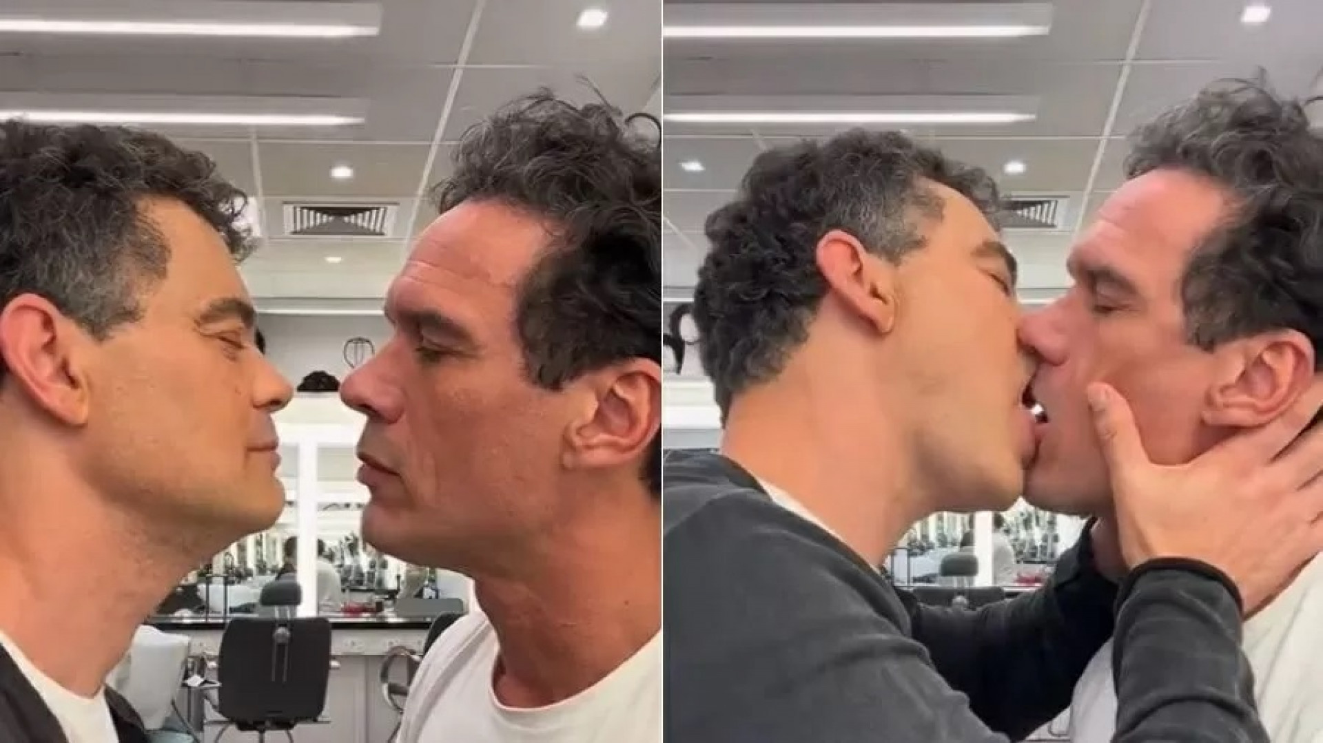 Carmo Dalla Vecchia e Domingos Alcântara se beijam nos bastidores de 'Amor Perfeito' - Reprodução