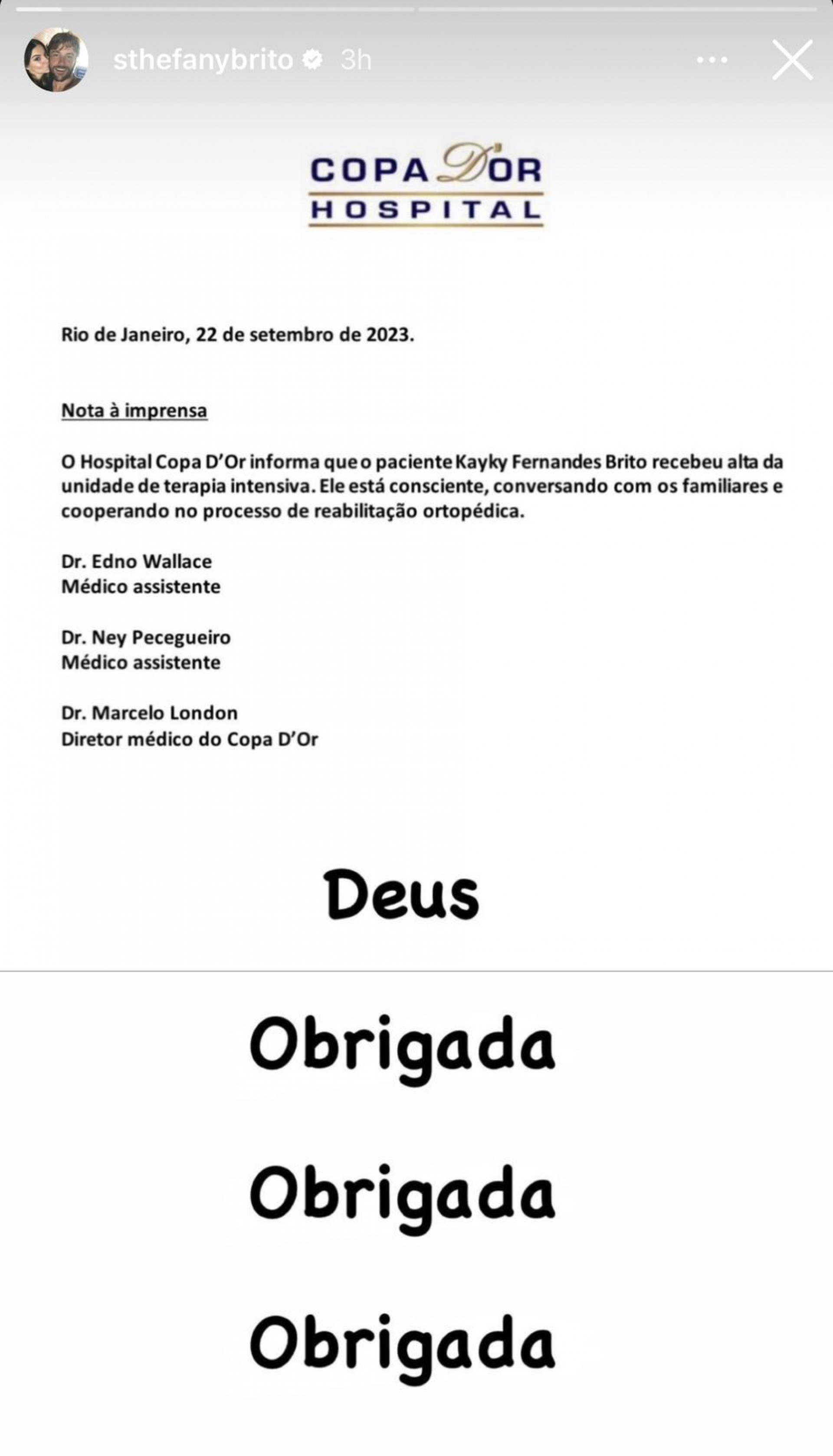 Sthefany Brito comemora melhora no estado de saúde de Kayky Brito - Reprodução