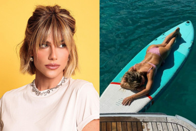 Giovanna Ewbank posa de biquíni em prancha de surfe na Espanha