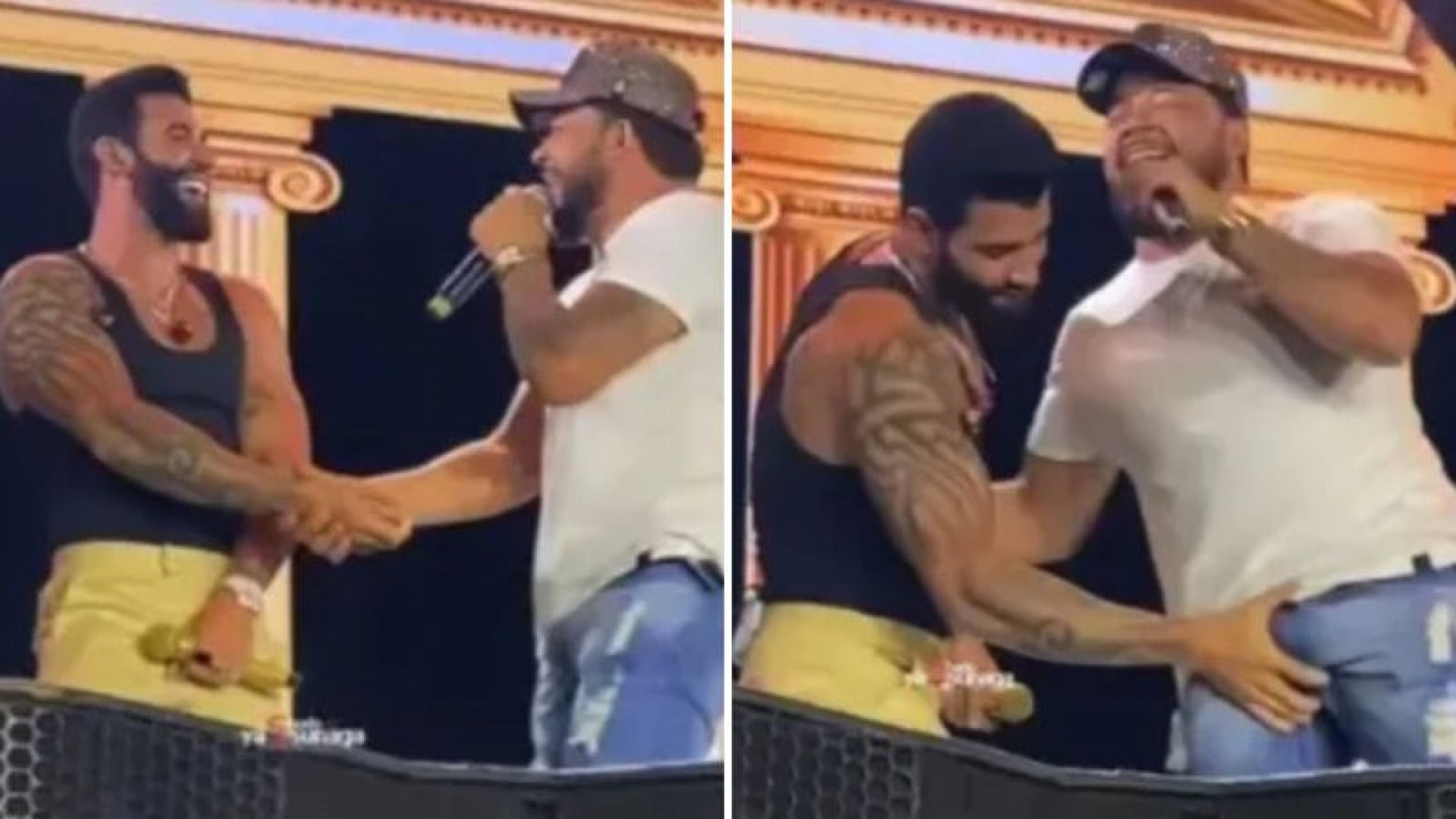 Gusttavo Lima apalpa as partes íntimas de Jhonny, da dupla com Rahony, durante show - Reprodução