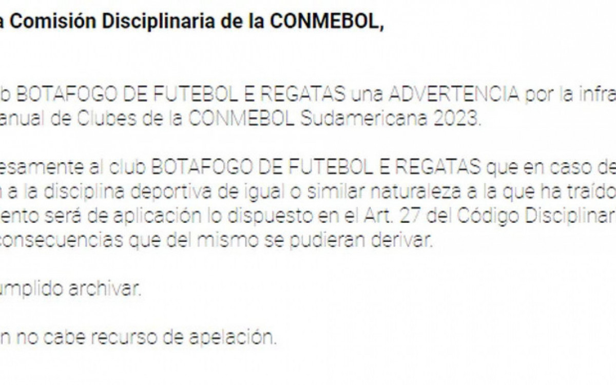 Advertência da Conmebol ao Botafogo