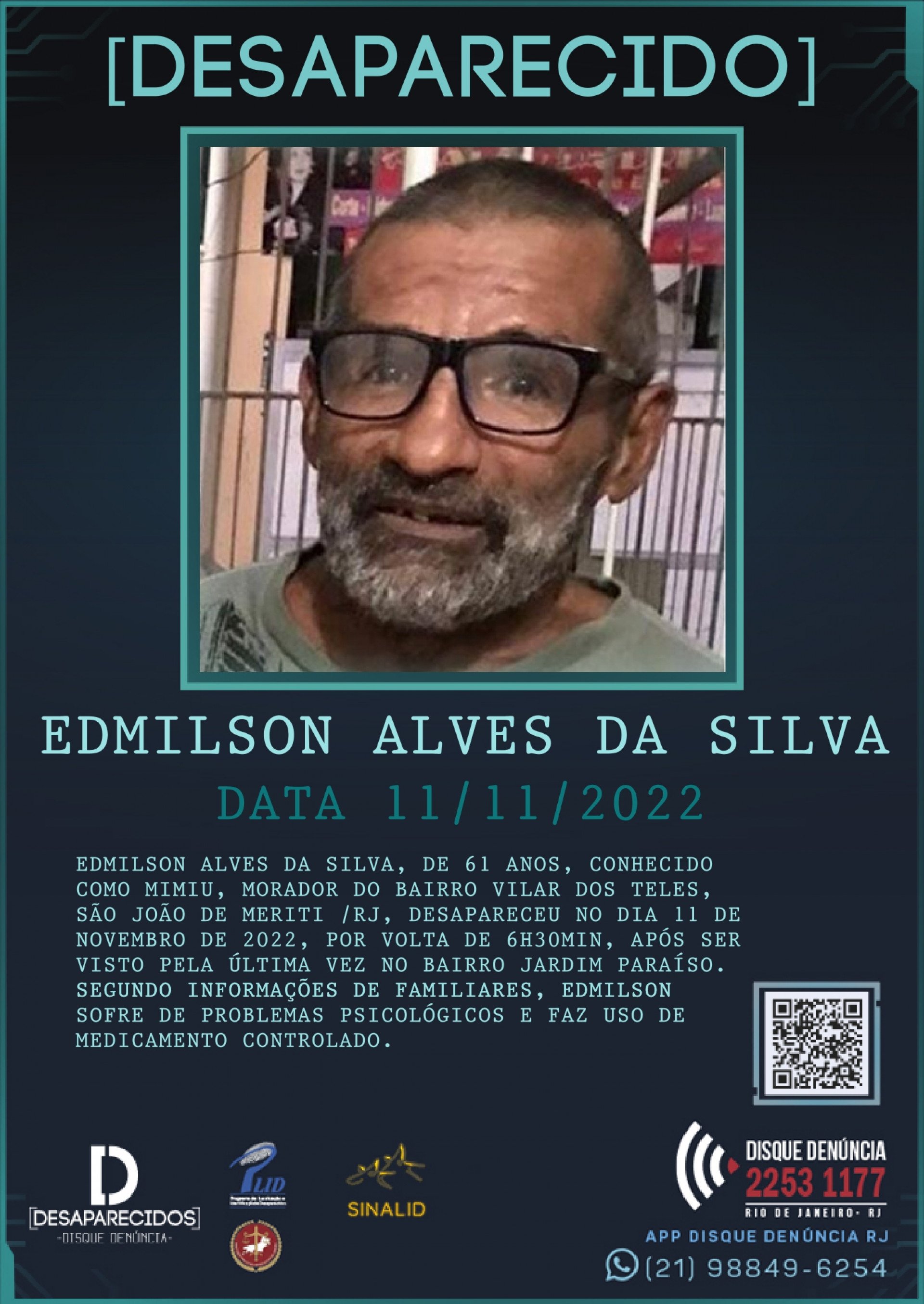 Edmilson Alves da Silva, de 61 anos, está desaparecido desde novembro de 2022, em São João de Meriti - Divulgação