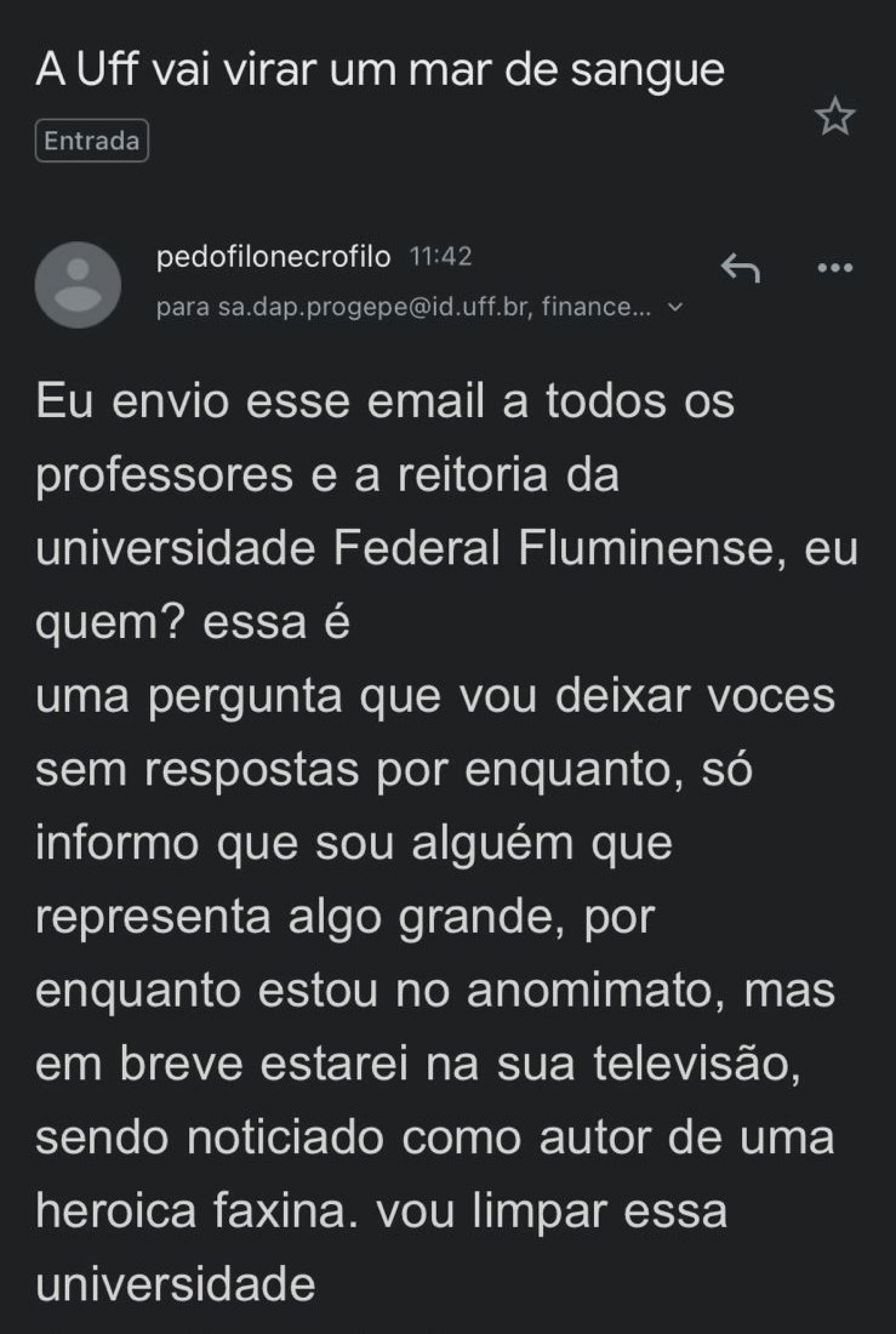 Ameaça foi enviada por email para servidores da UFF