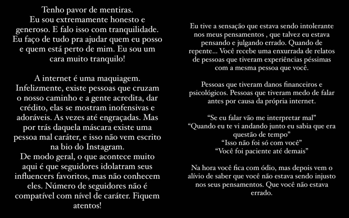 Dan Mendes fez desabafo sobre calote e internautas suspeitaram de influenciadora - Reprodução/Instagram