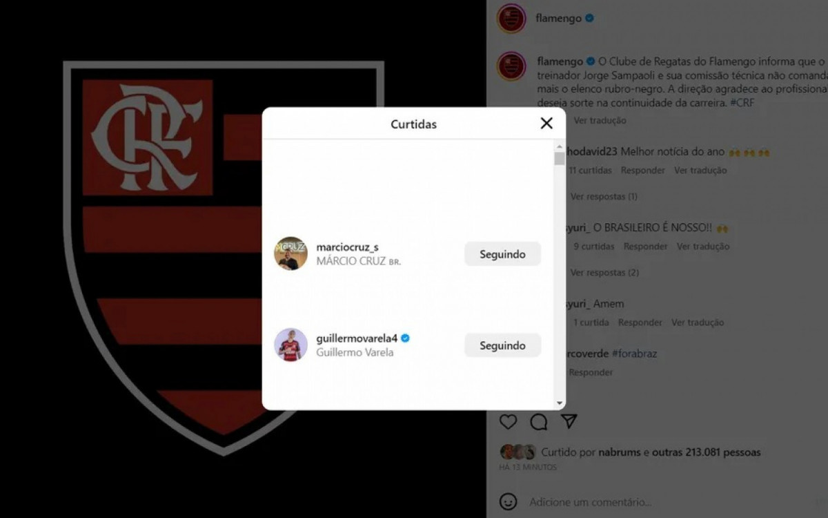 Varela e empresário de Everton Cebolinha curtiram publicação do Flamengo