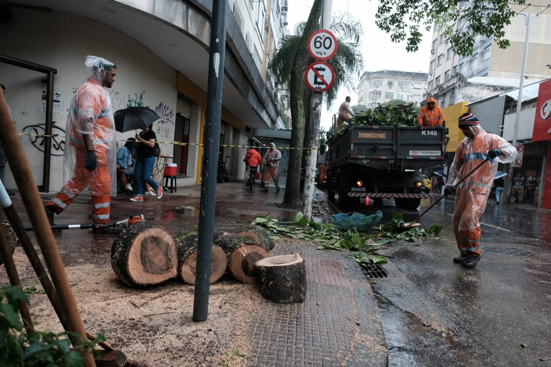 Bombeiros e agentes da Comlurb retiraram os troncos e galhos do meio da rua - Pedro Ivo / Agência O Dia