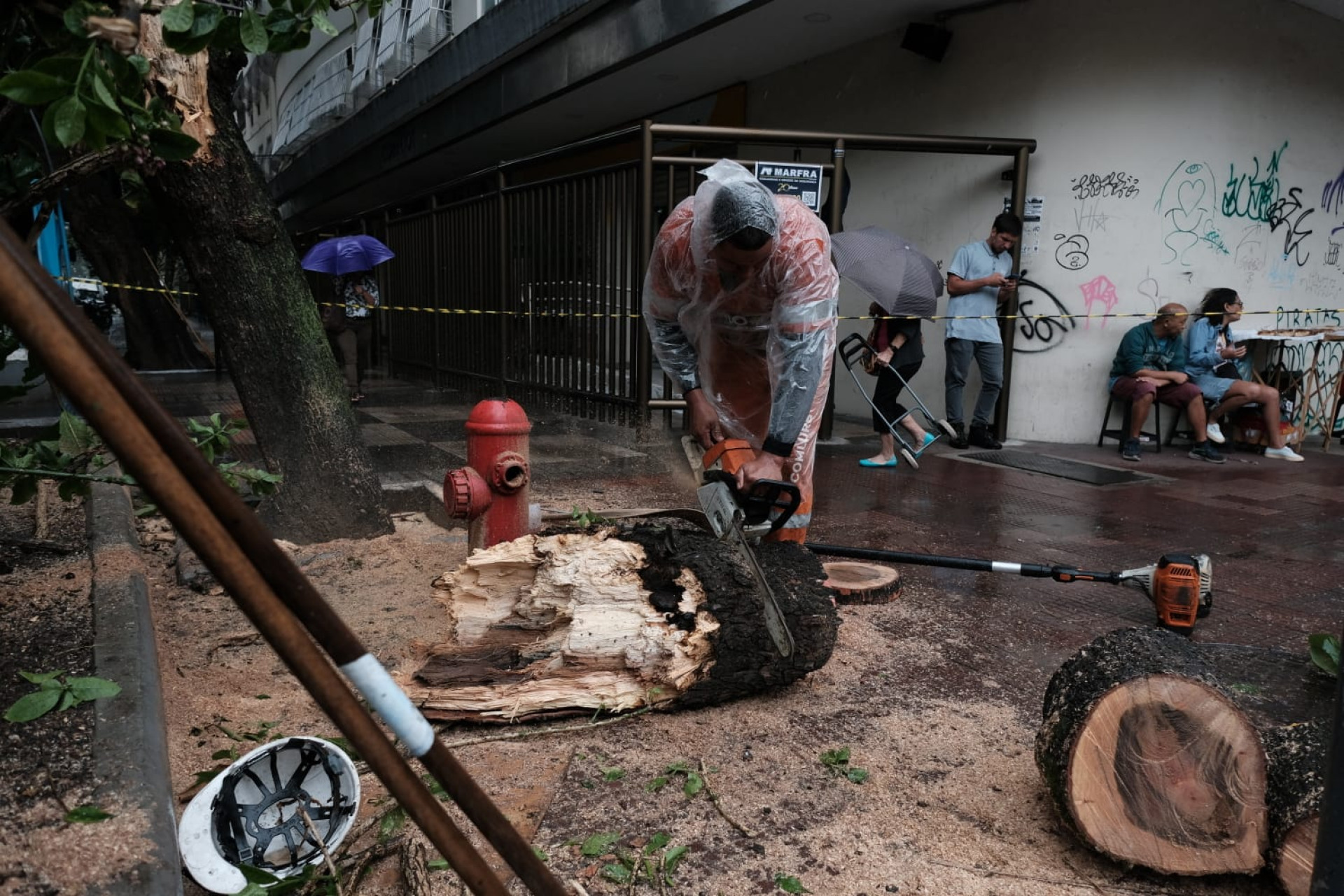 Bombeiros e agentes da Comlurb retiraram os troncos e galhos do meio da rua - Pedro Ivo / Agência O Dia