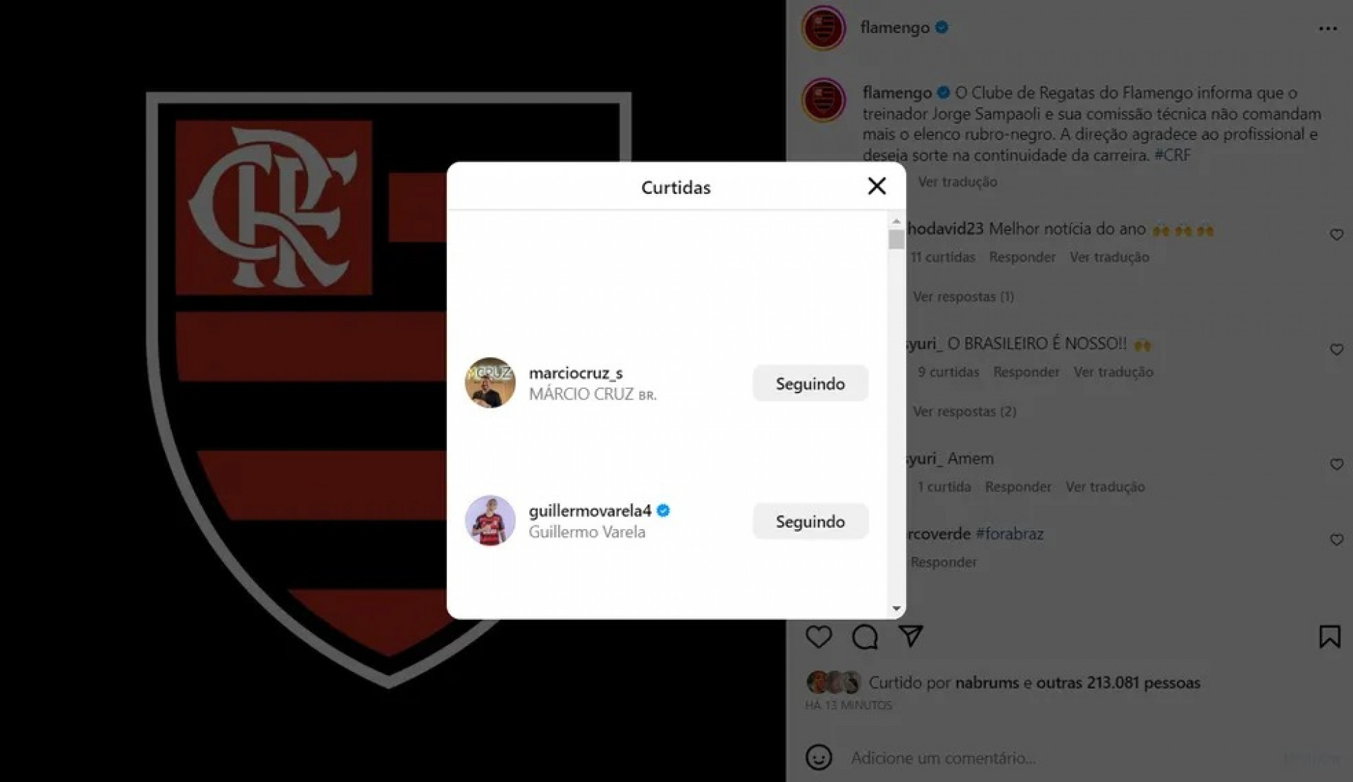 Varela e empresário de Everton Cebolinha curtiram publicação do Flamengo - Reprodução/Redes sociais