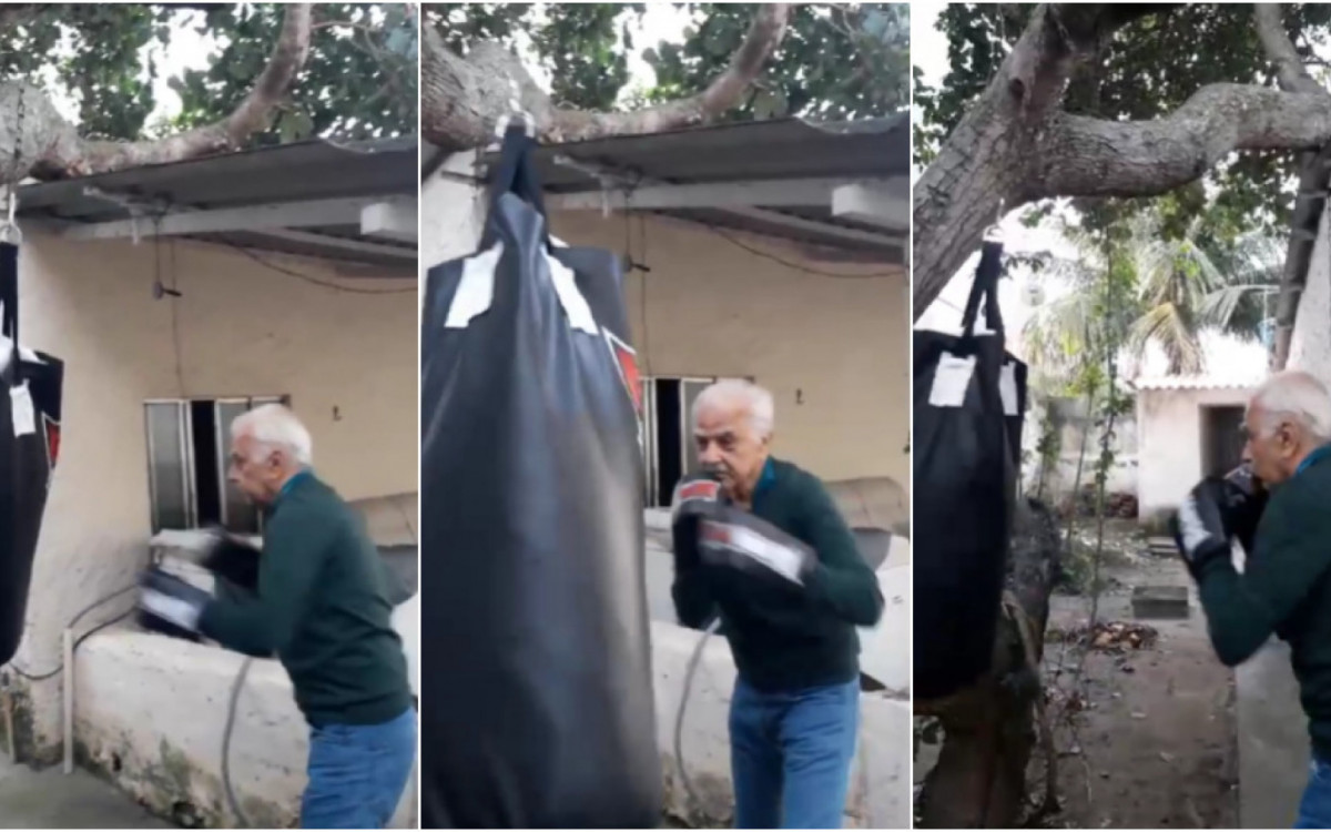 Aos 91 anos, o ex-jornaleiro treina boxe em casa - Arquivo pessoal
