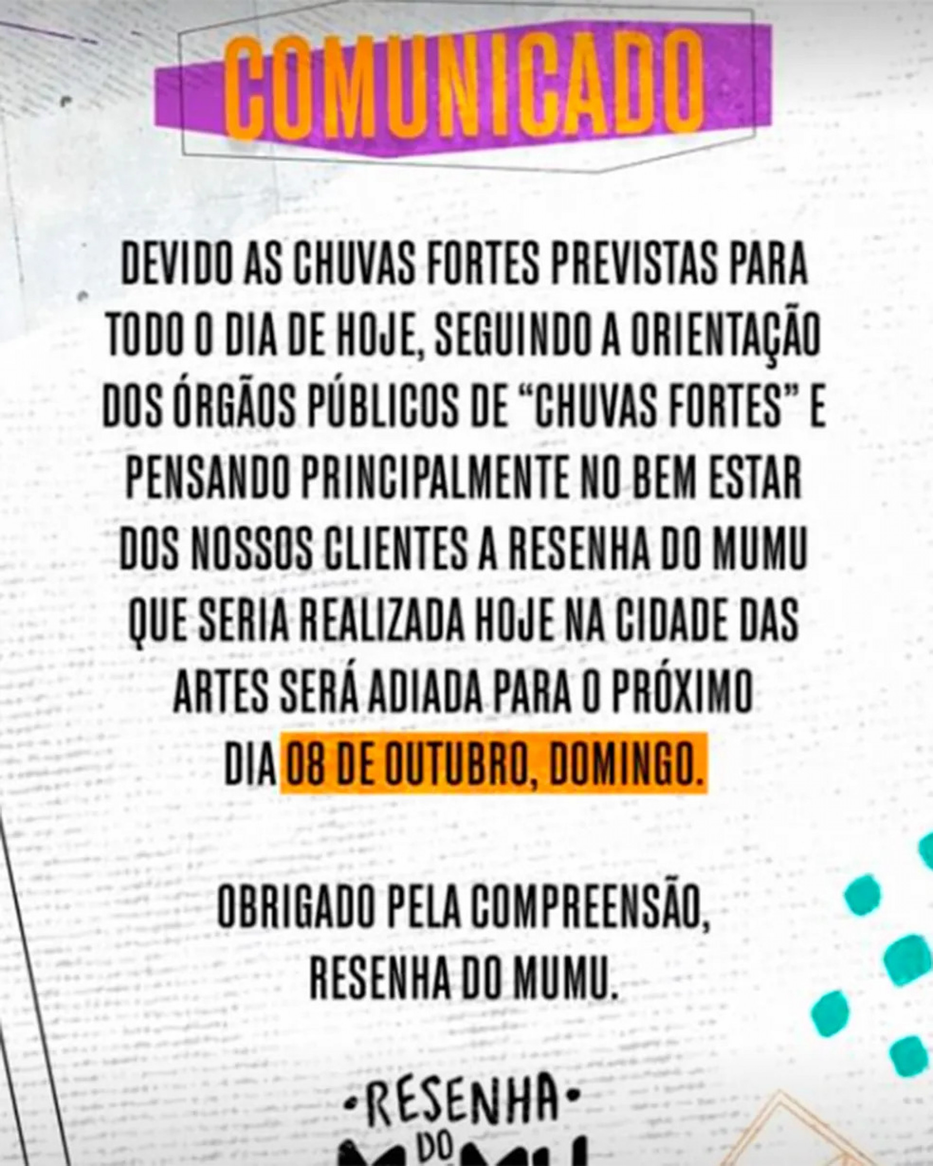 Comunicado sobre o adiamento da 'Resenha do Mumu' - Reprodução / Instagram