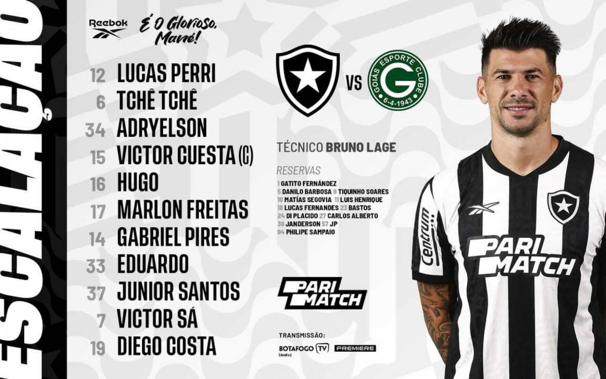 Confira a escalação do Botafogo para duelo com o Goiás