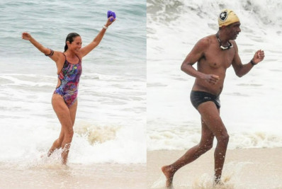 Andrea Beltrão e Hélio de la Peña se exercitam em praia no Rio