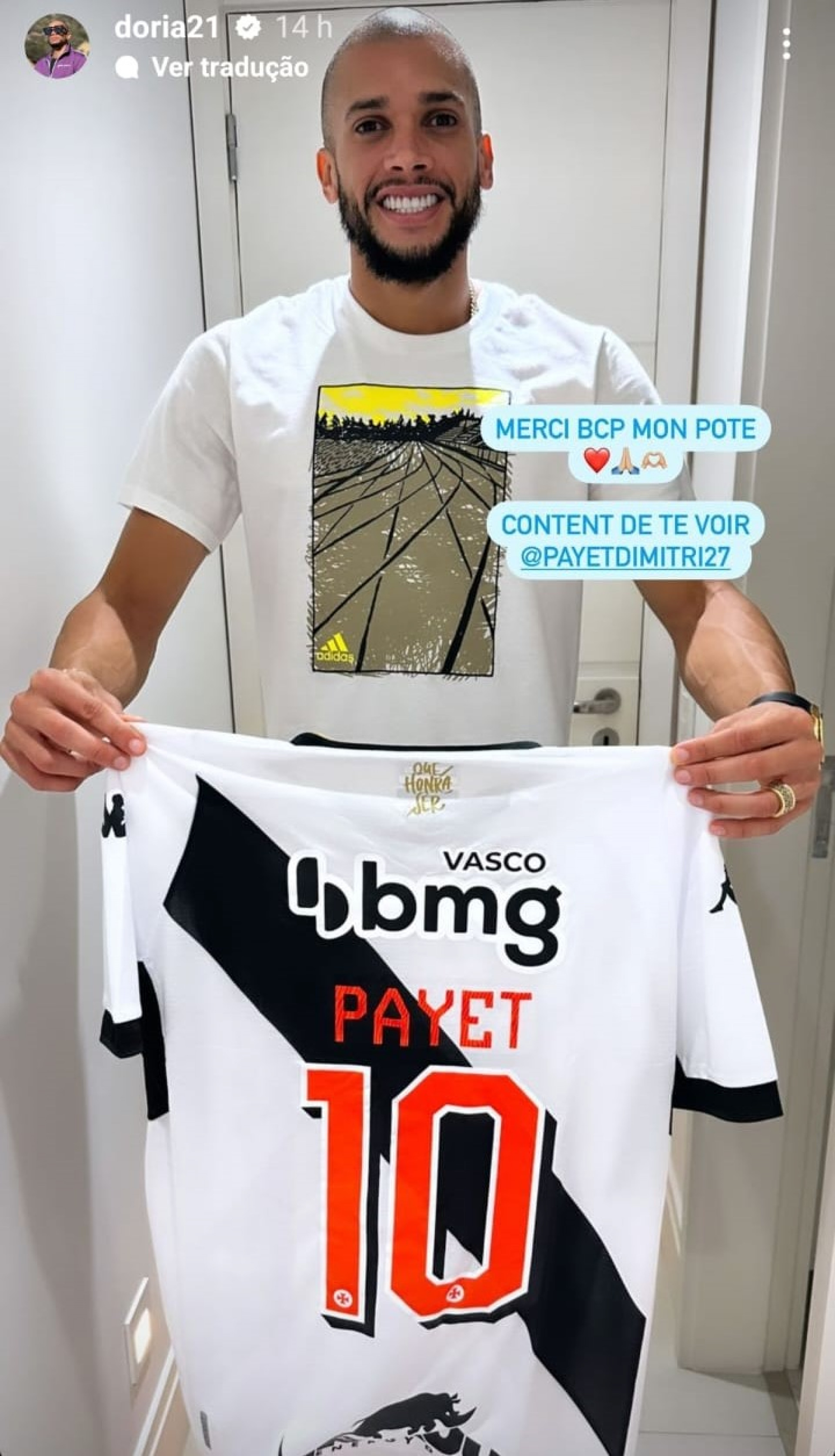Dória recebeu camisa do Vasco de presente de ex-companheiro Payet - Reprodução de Instagram