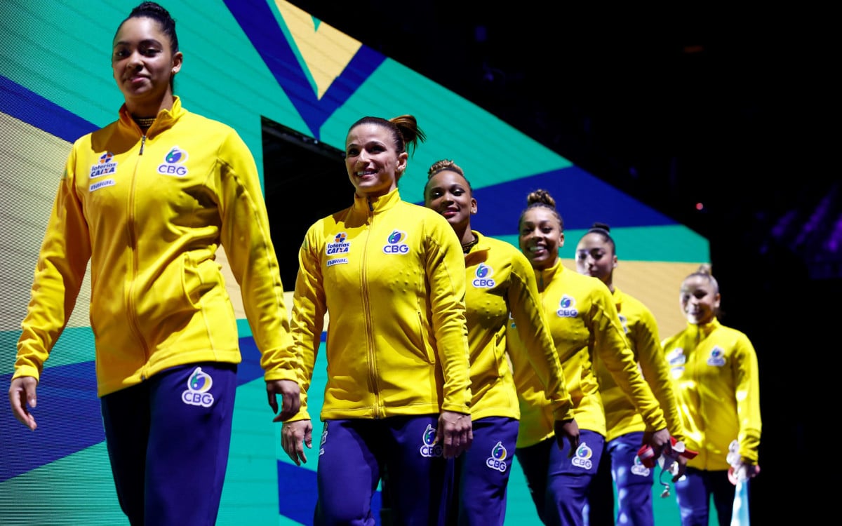 Equipe do Brasil no Mundial de Ginástica, em Antwerp, na Bélgica - Foto: KENZO TRIBOUILLARD / AFP