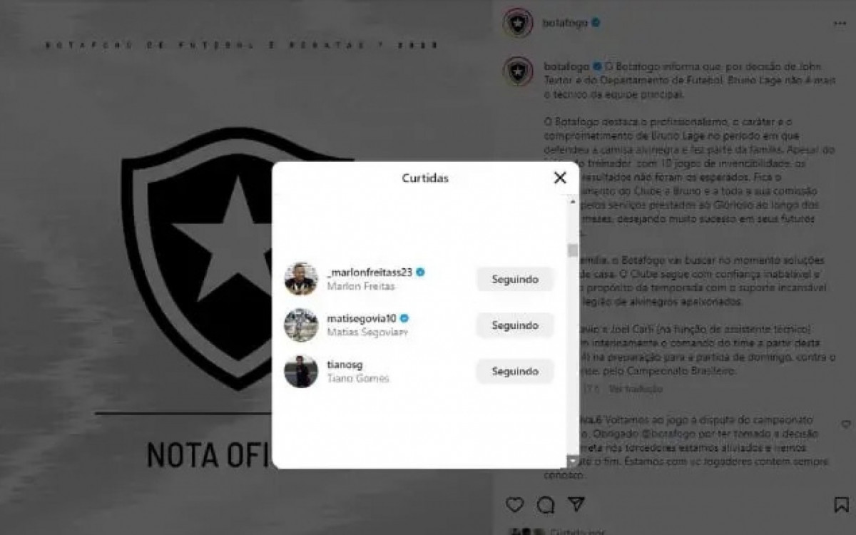 Marlon Freitas, Mat&iacute;as Segovia e Tiano Gomes curtiram post de demis&atilde;o de Bruno Lage