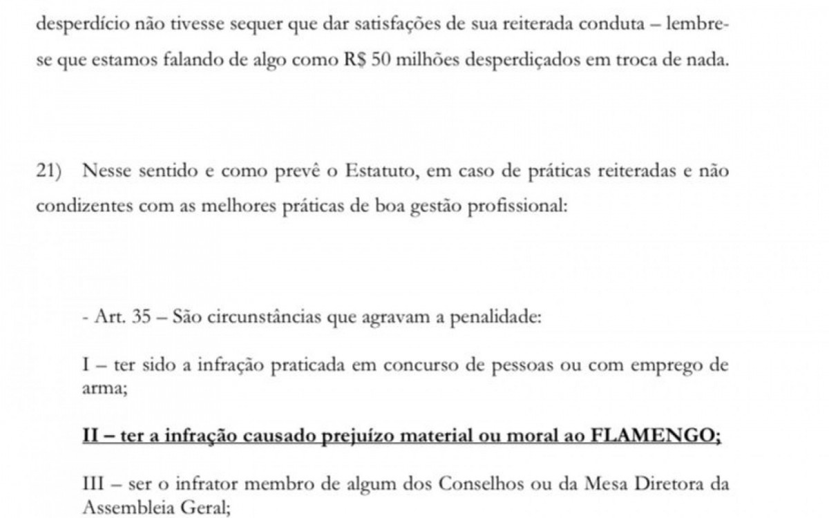 Trecho do documento que pede instauração da CPI contra o presidente do Flamengo, Rodolfo Landim 