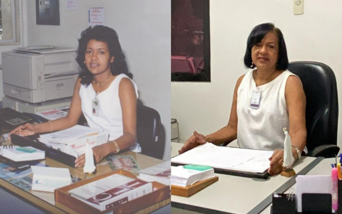 Beatriz Consuelo, gerente de administração de pessoal, no início da carreira e atualmente