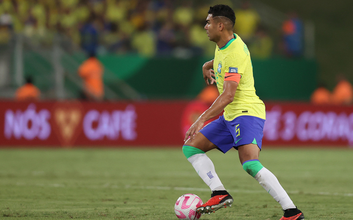 Casemiro, no jogo entre Brasil x Venezuela em Cuiabá pelas Eliminatórias 2026. Na noite desta quinta-feira (12).