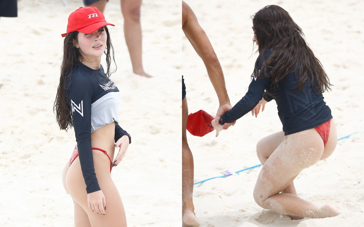 Jade Picon levou tombo em treino de futevôlei, nesta quinta-feira, na Praia da Barra - Fabrício Pioyani / Ag. News