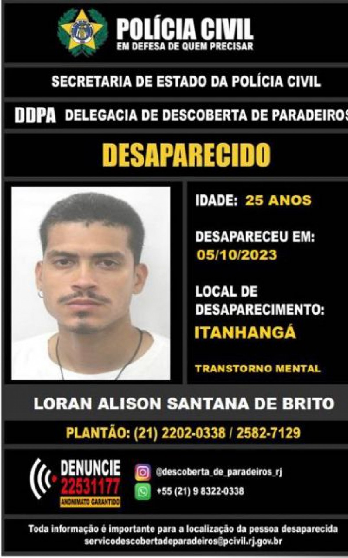 Loran Alison Santana de Brito está desaparecido há oito dias - Divulgação / Polícia Civil