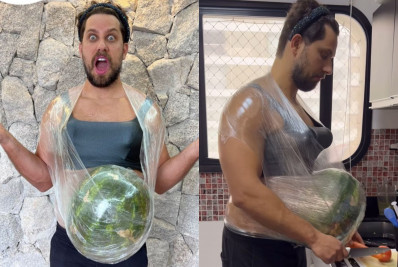 Ex-BBB Elieser Ambrósio usa melancia na barriga para simular 'dia de grávida'