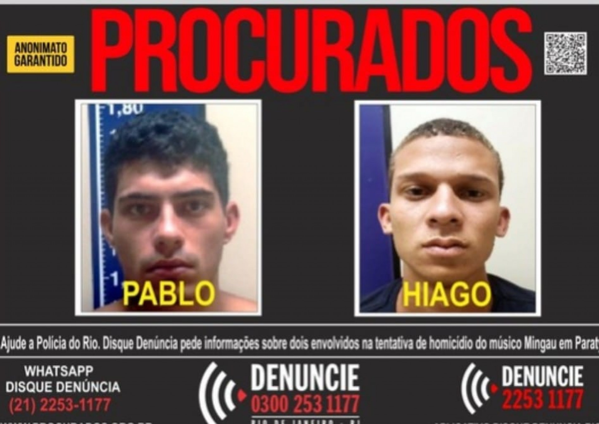 Segundo a Polícia Civil de Paraty, dos cinco envolvidos na tentativa de homicídio, apenas um, Hiago, à direita da foto ainda está foragido - Divulgação/Disque Denúncia