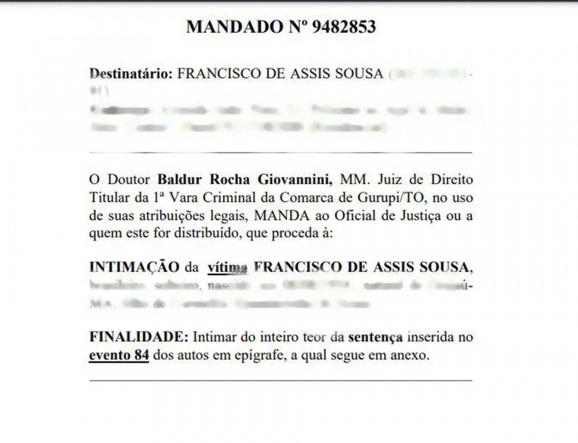 Mandado para intimar a vítima de latrocínio - Reprodução