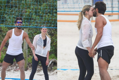 Agatha Moreira e Rodrigo Simas jogam vôlei e trocam beijinhos em praia no Rio