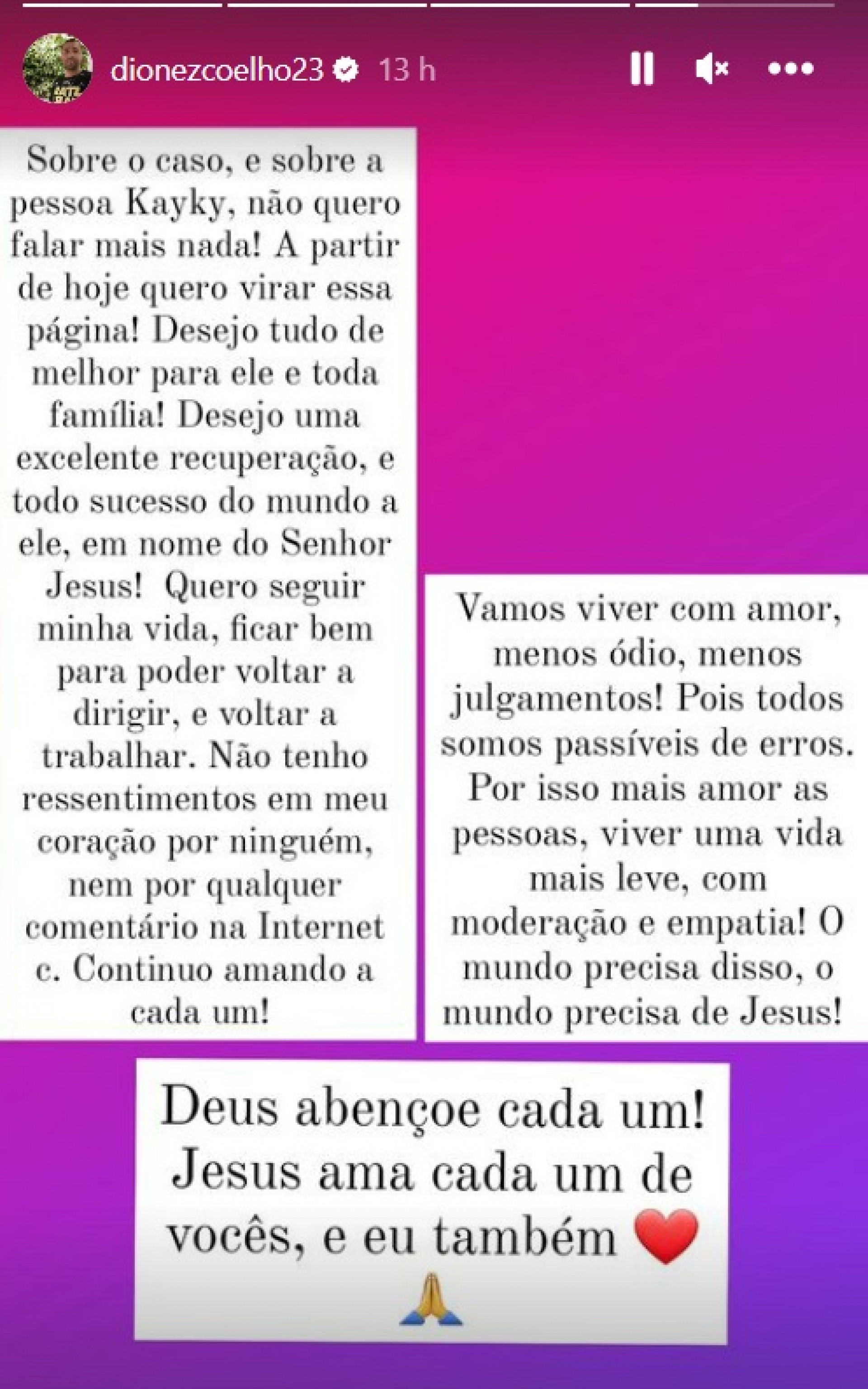 Diones Coelho publica desabafo em sua rede social - Reprodução do Instagram