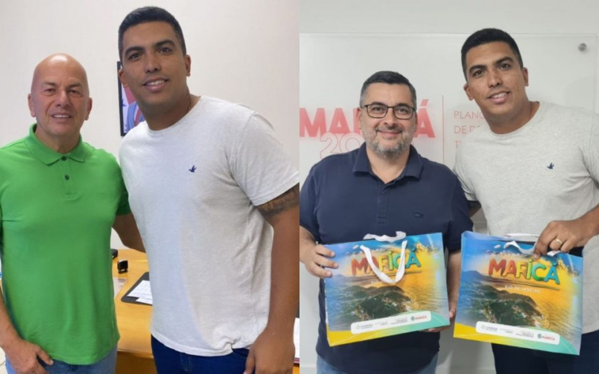 Junior Chuchu com o secretário de Turismo maricaense, Robson Dutra, e com o titular da pasta de Promoção e Projetos Especiais, José Alexandre Almeida