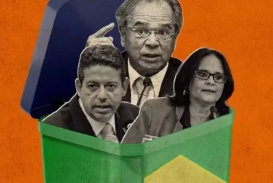 Caixa suspende exposição com obra que tem Lira, Damares e Guedes em lata de lixo